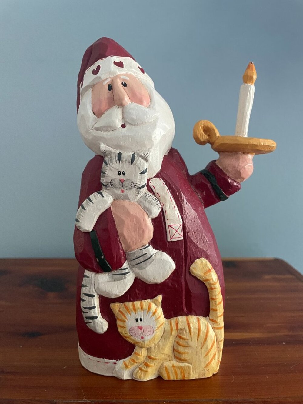 Eddie Walker Carved Old World Santa Figurine Cat Kitten Candle Christmas Decor